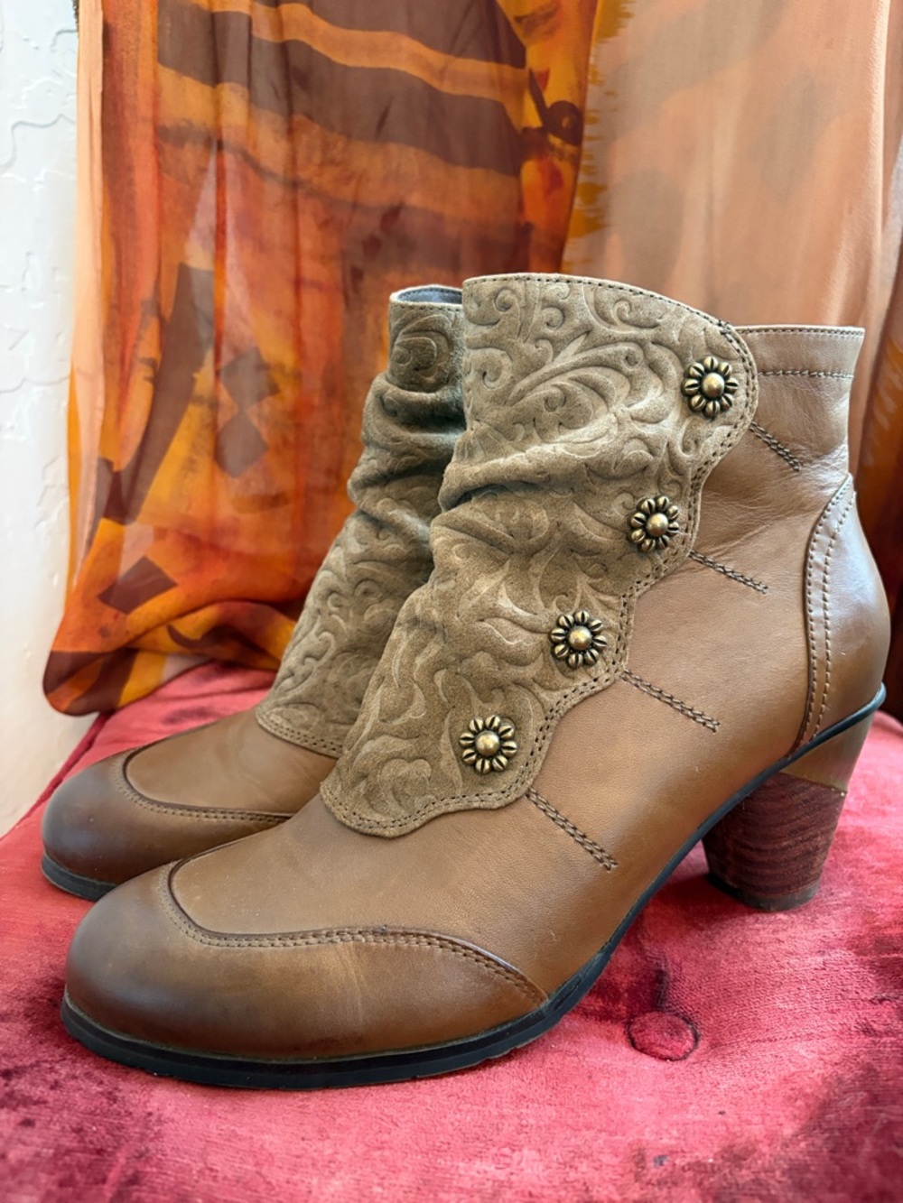 Spring Step L’ Artiste Leather Ankle Booties with Embellished Cuff, US 7.5/EU 38